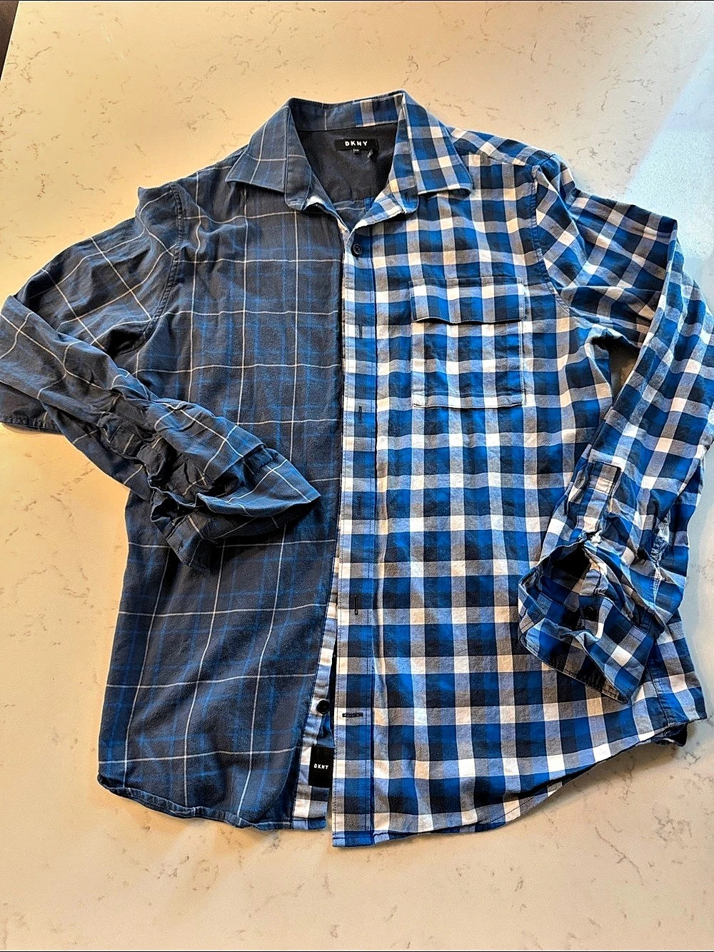 DKNY Men's Blue & Gray Plaid Button Down Shirt